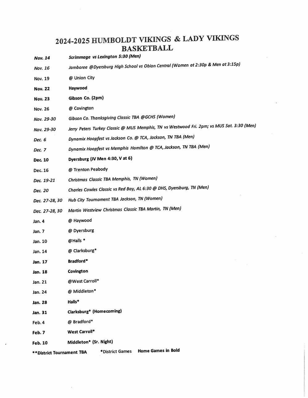 2024/25 Varsity Basketball Schedule